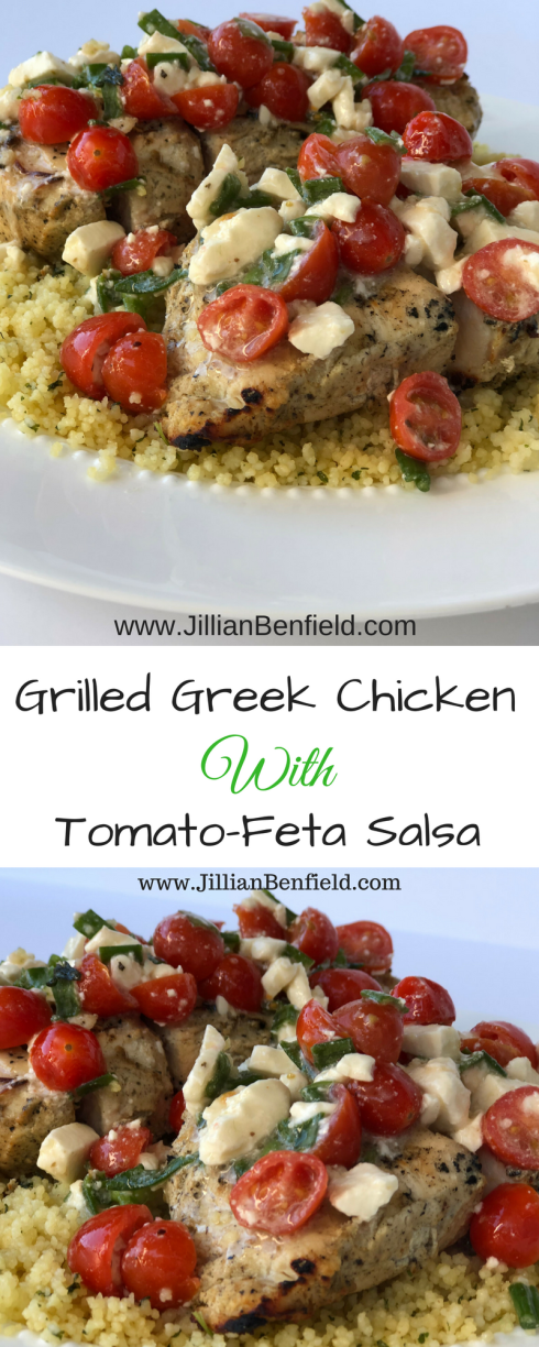 Grilled greek chicken marinated in greek yogurt and topped with tomato-feta salsa